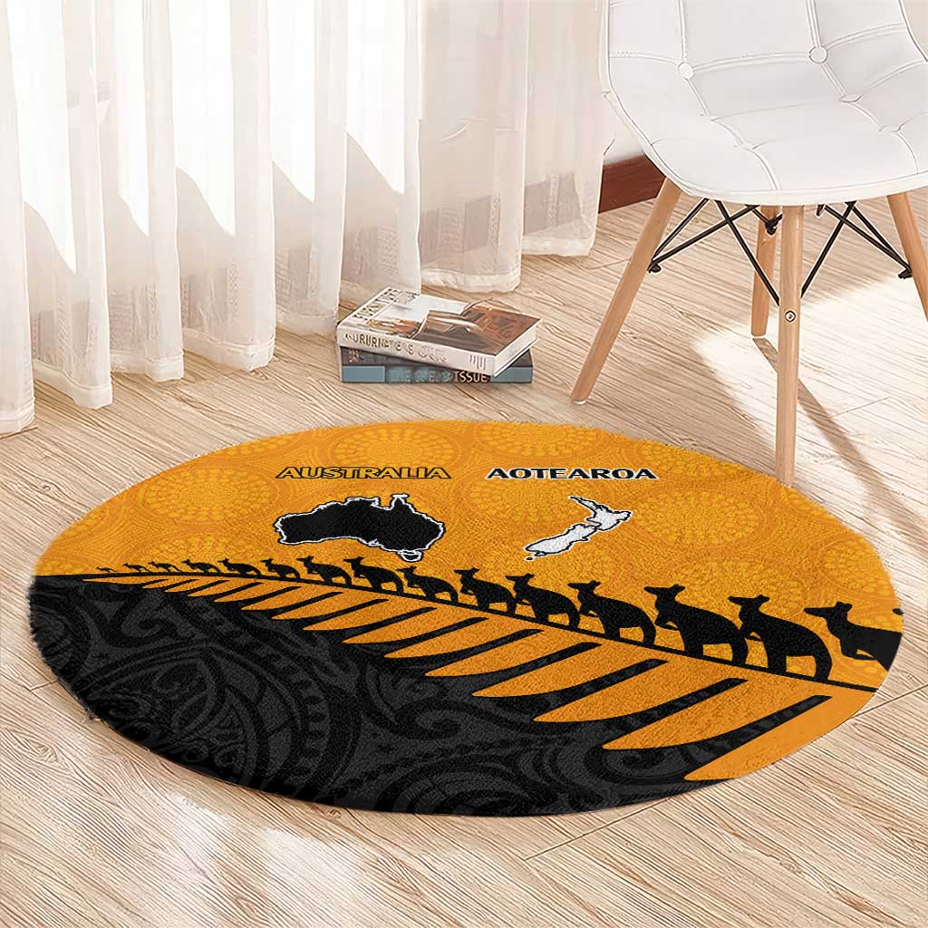 Australia New Zealand Rugby Round Carpet Gold Aboriginal Wallabies and Maori Black Fern - Aussie Hoodie