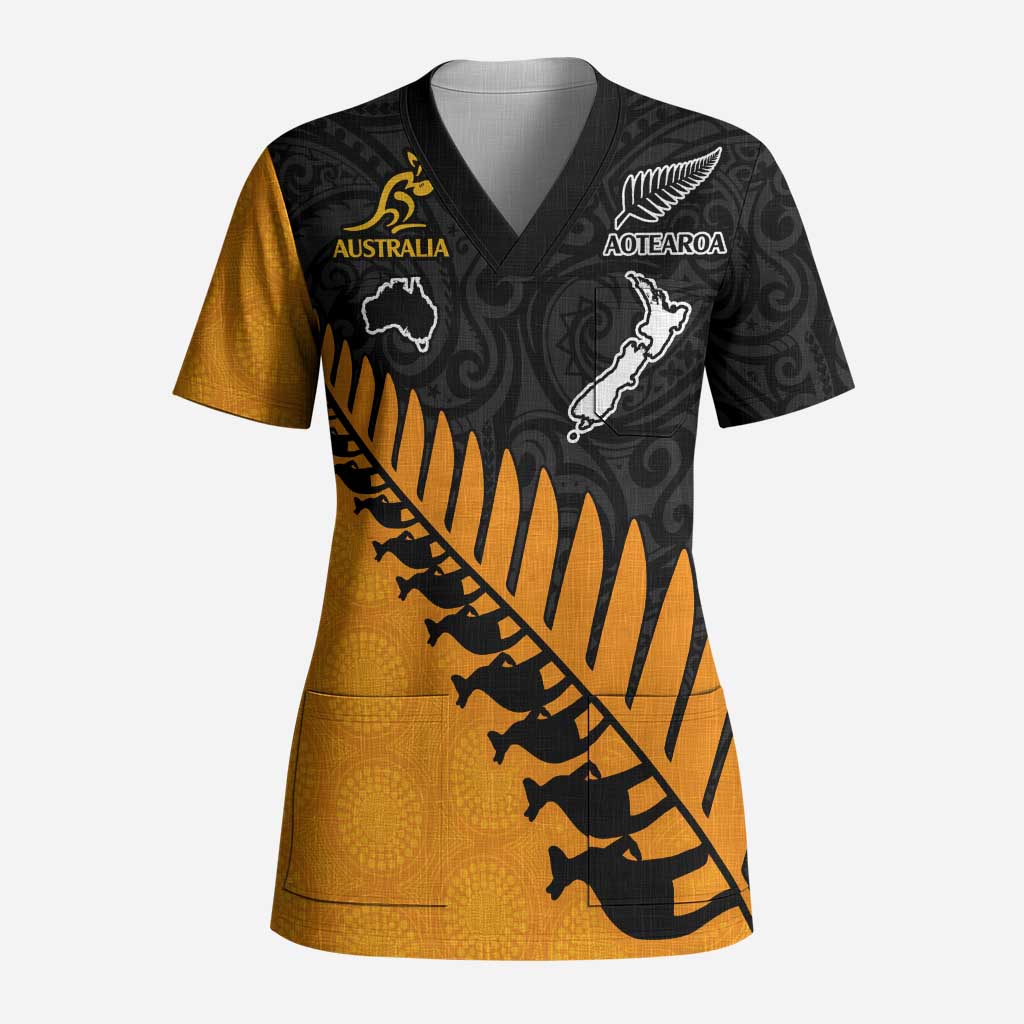 Australia New Zealand Rugby Scrub Top Gold Aboriginal Wallabies and Maori Black Fern - Aussie Hoodie