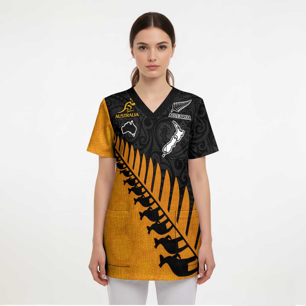Australia New Zealand Rugby Scrub Top Gold Aboriginal Wallabies and Maori Black Fern - Aussie Hoodie