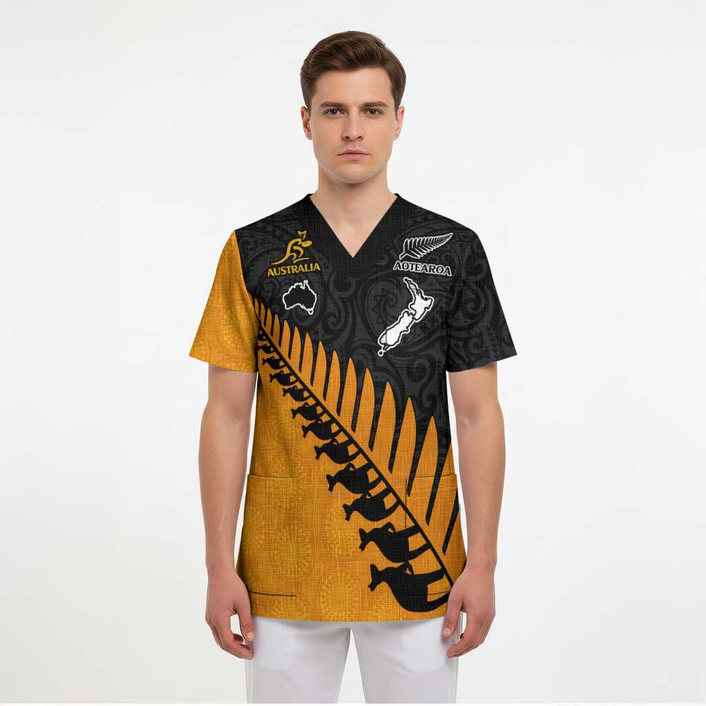 Australia New Zealand Rugby Scrub Top Gold Aboriginal Wallabies and Maori Black Fern - Aussie Hoodie