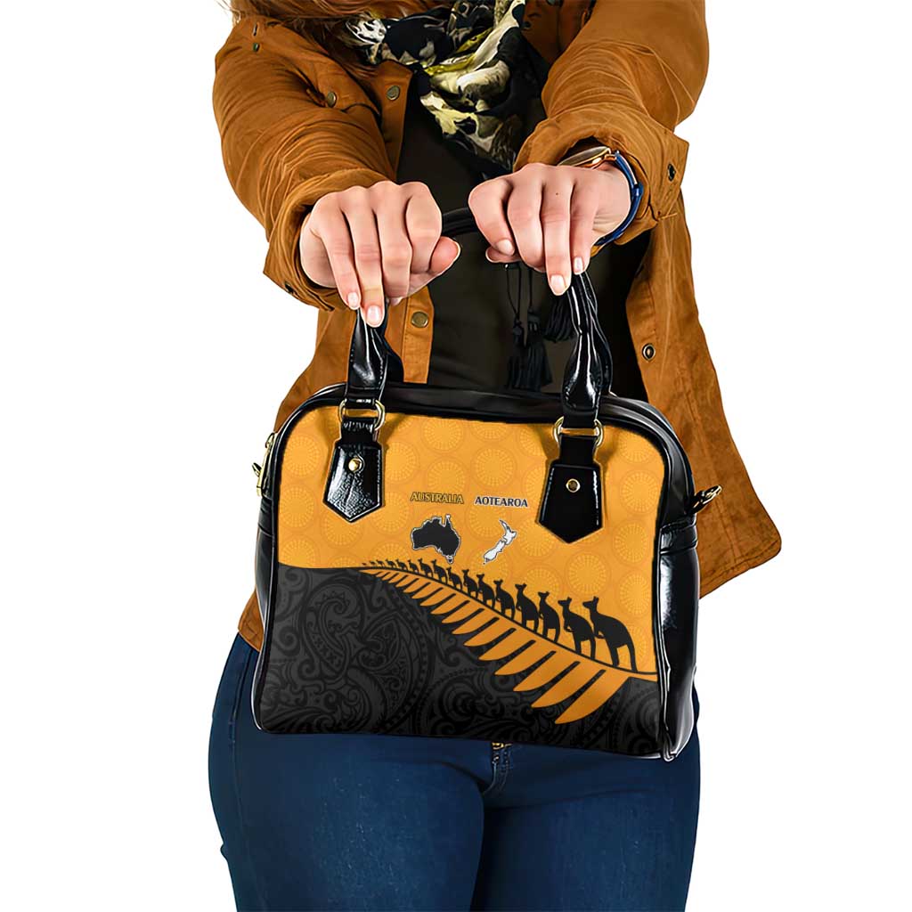 Australia New Zealand Rugby Shoulder Handbag Gold Aboriginal Wallabies and Maori Black Fern - Aussie Hoodie