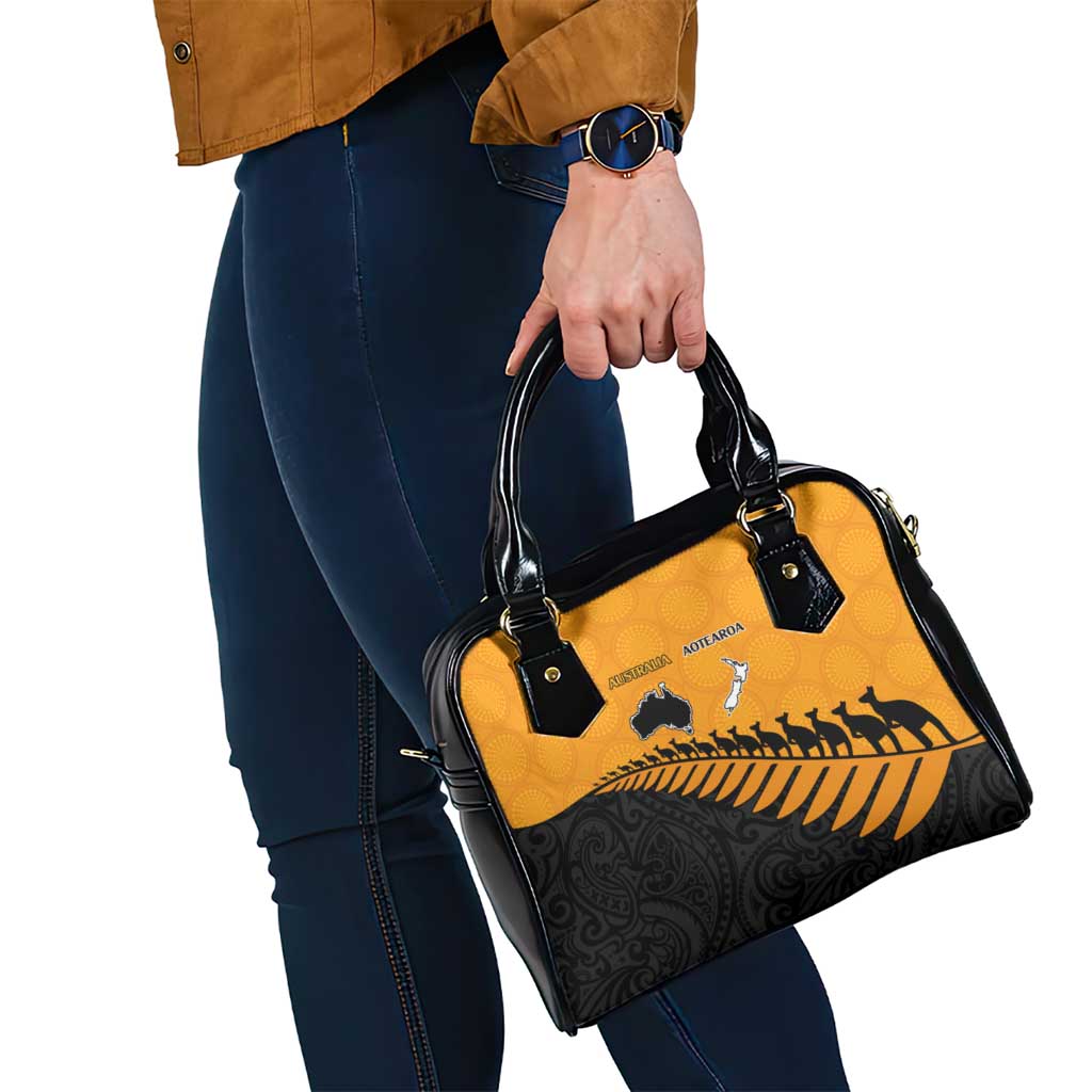 Australia New Zealand Rugby Shoulder Handbag Gold Aboriginal Wallabies and Maori Black Fern - Aussie Hoodie