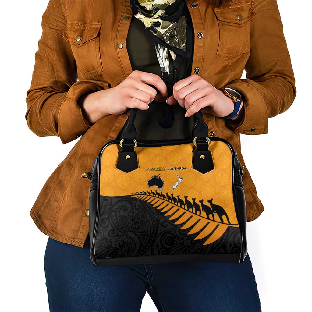 Australia New Zealand Rugby Shoulder Handbag Gold Aboriginal Wallabies and Maori Black Fern - Aussie Hoodie