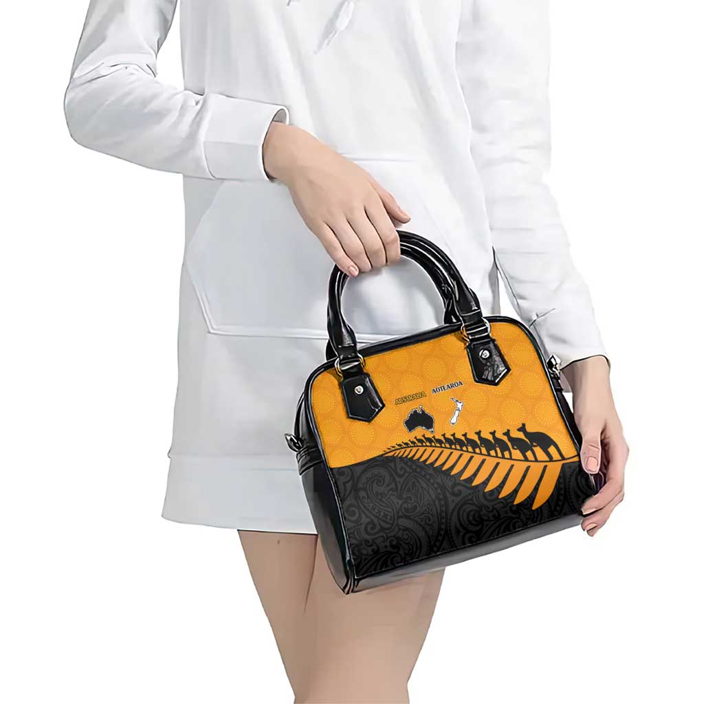 Australia New Zealand Rugby Shoulder Handbag Gold Aboriginal Wallabies and Maori Black Fern - Aussie Hoodie