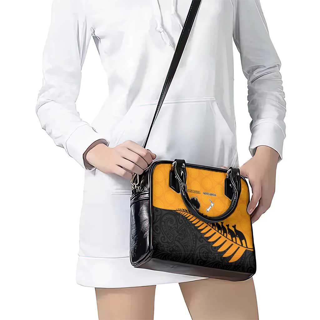 Australia New Zealand Rugby Shoulder Handbag Gold Aboriginal Wallabies and Maori Black Fern - Aussie Hoodie
