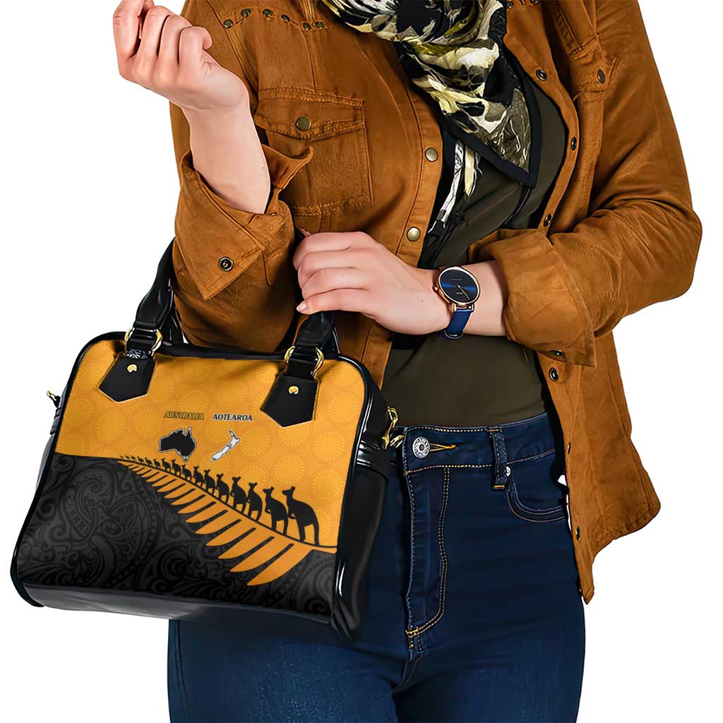 Australia New Zealand Rugby Shoulder Handbag Gold Aboriginal Wallabies and Maori Black Fern - Aussie Hoodie