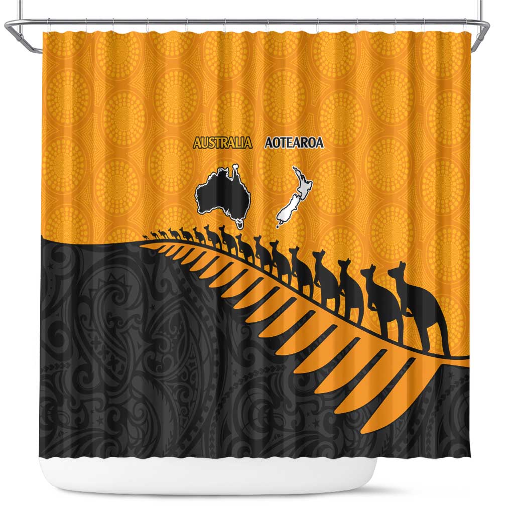 Australia New Zealand Rugby Shower Curtain Gold Aboriginal Wallabies and Maori Black Fern - Aussie Hoodie