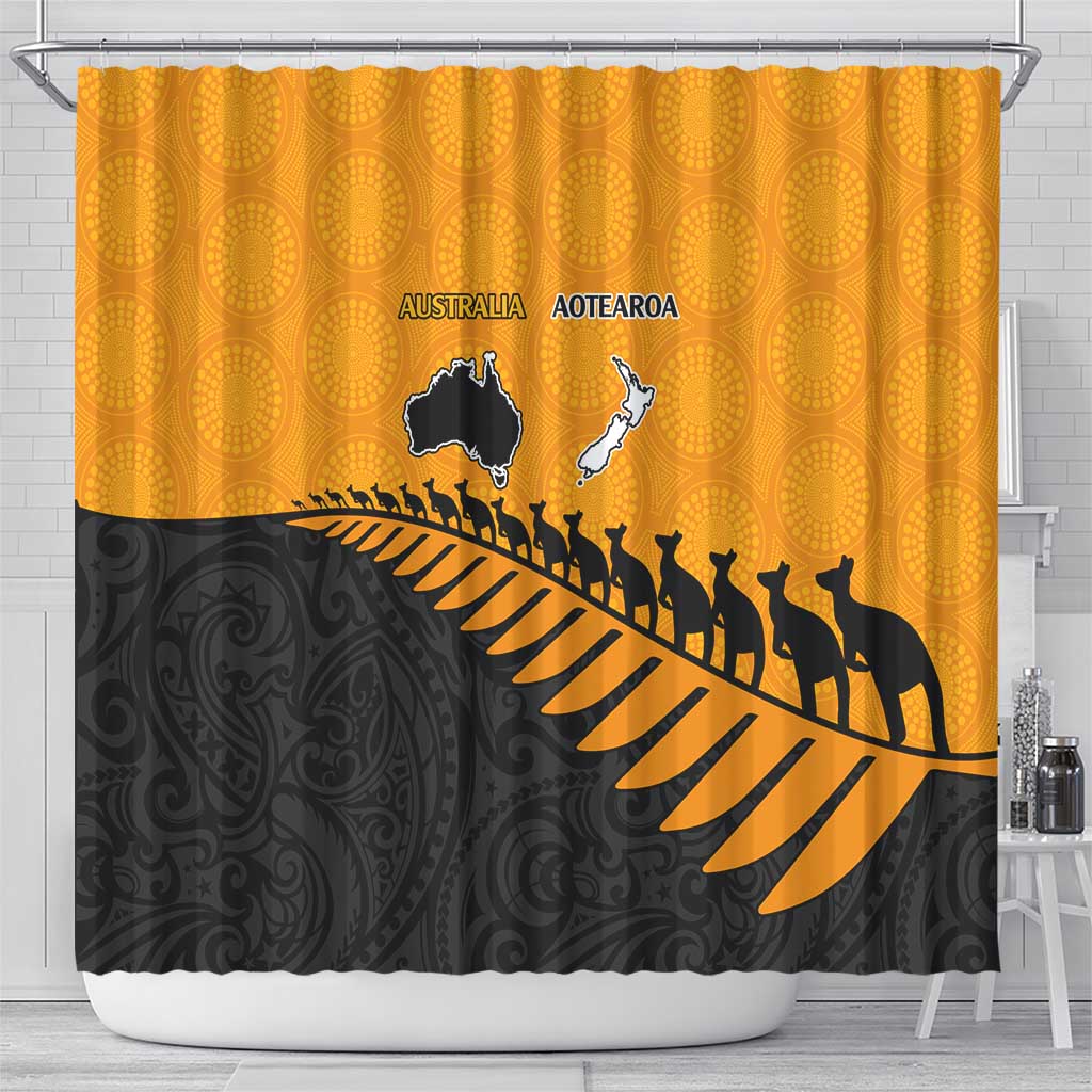 Australia New Zealand Rugby Shower Curtain Gold Aboriginal Wallabies and Maori Black Fern - Aussie Hoodie