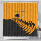 Australia New Zealand Rugby Shower Curtain Gold Aboriginal Wallabies and Maori Black Fern - Aussie Hoodie