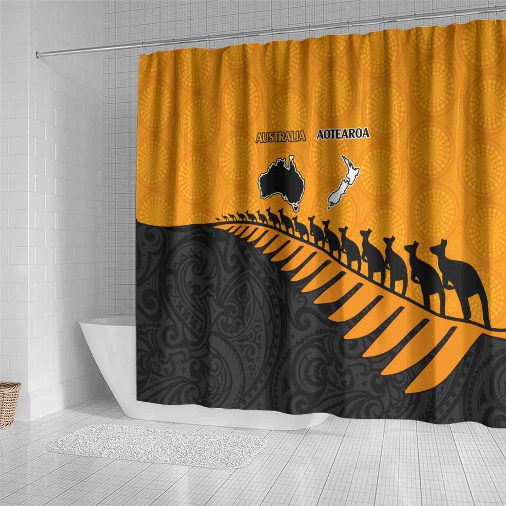 Australia New Zealand Rugby Shower Curtain Gold Aboriginal Wallabies and Maori Black Fern - Aussie Hoodie