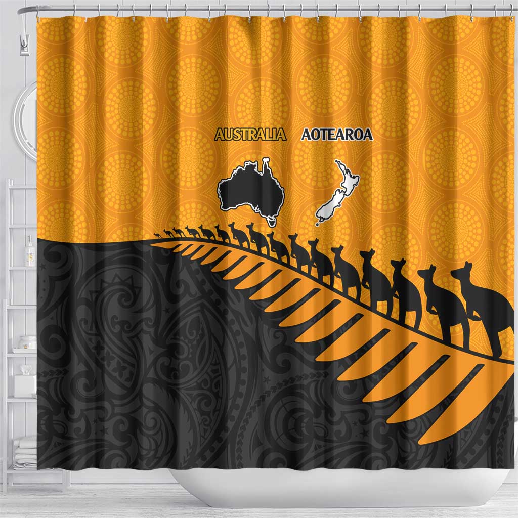 Australia New Zealand Rugby Shower Curtain Gold Aboriginal Wallabies and Maori Black Fern - Aussie Hoodie