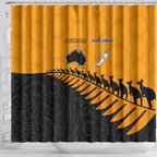 Australia New Zealand Rugby Shower Curtain Gold Aboriginal Wallabies and Maori Black Fern - Aussie Hoodie