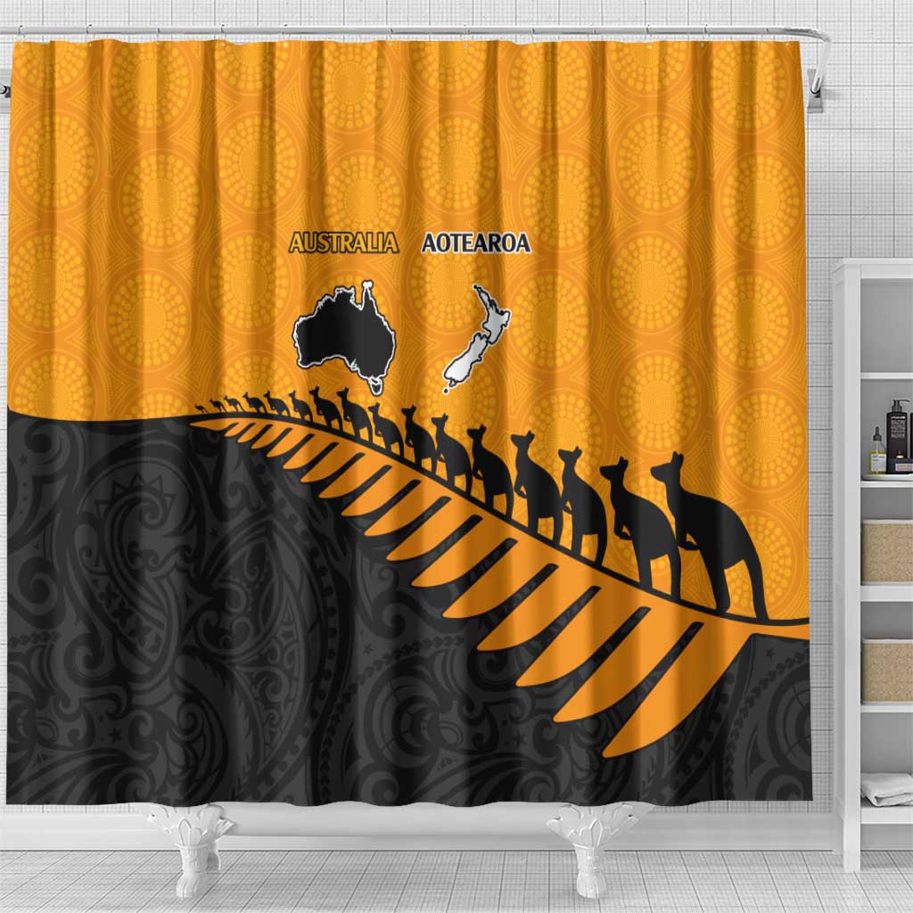 Australia New Zealand Rugby Shower Curtain Gold Aboriginal Wallabies and Maori Black Fern - Aussie Hoodie