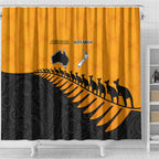 Australia New Zealand Rugby Shower Curtain Gold Aboriginal Wallabies and Maori Black Fern - Aussie Hoodie