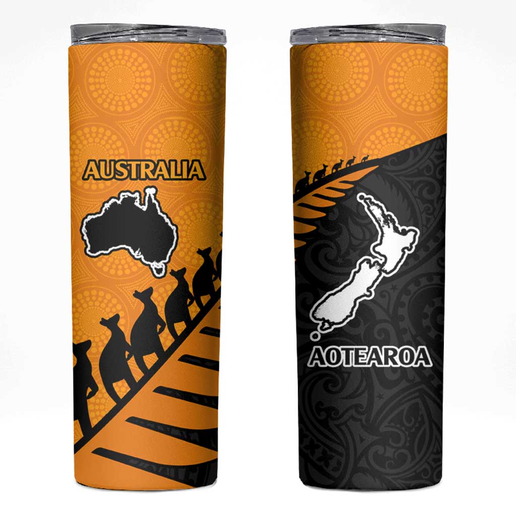 Australia New Zealand Rugby Skinny Tumbler Gold Aboriginal Wallabies and Maori Black Fern - Aussie Hoodie
