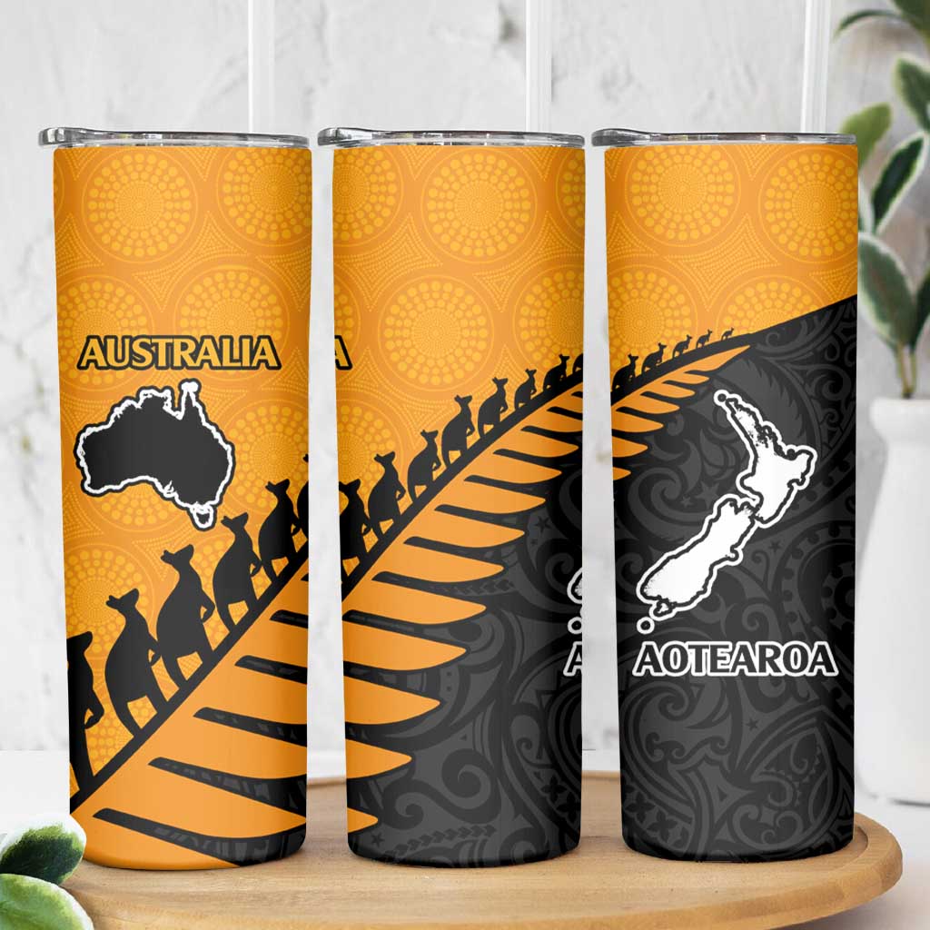 Australia New Zealand Rugby Skinny Tumbler Gold Aboriginal Wallabies and Maori Black Fern - Aussie Hoodie