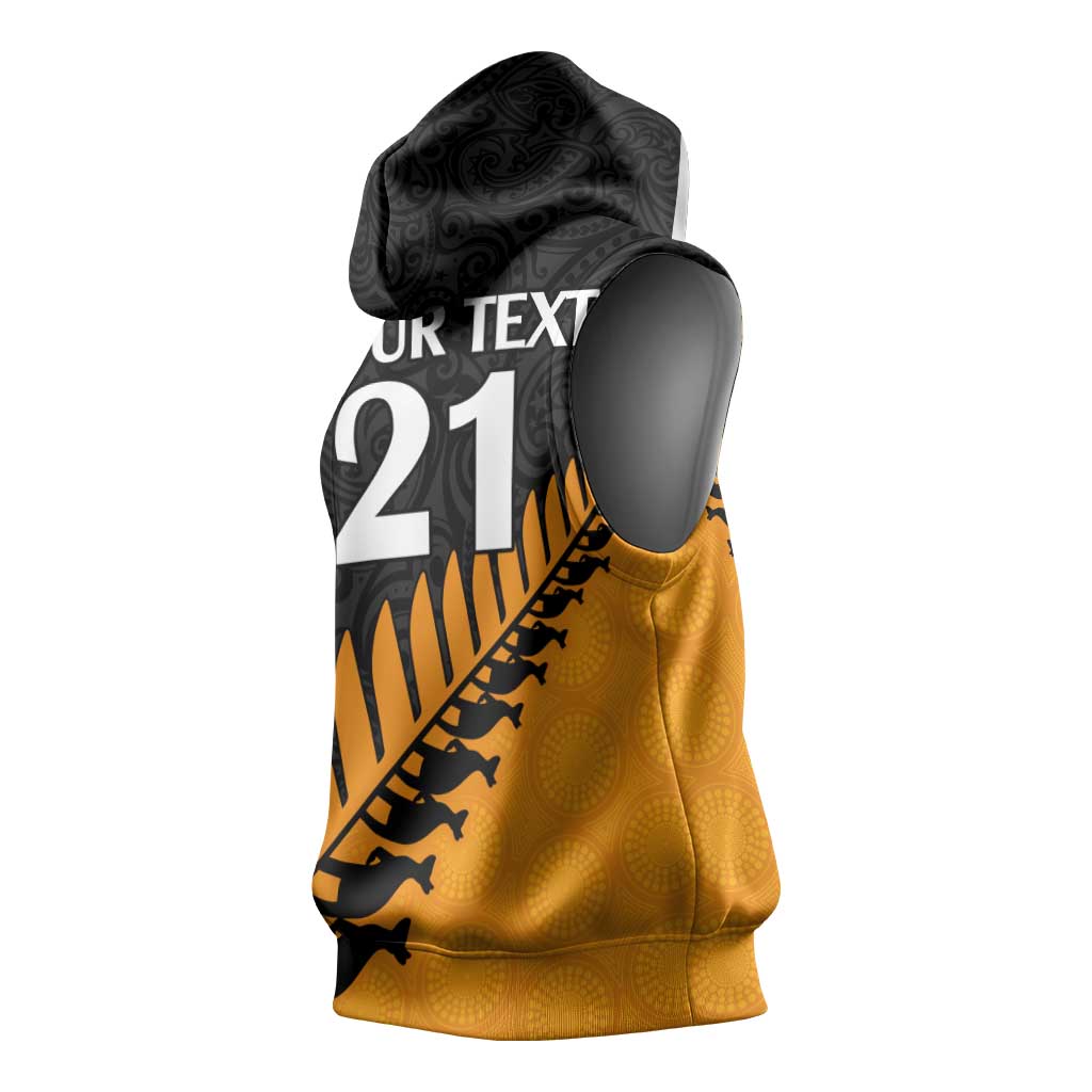 Australia New Zealand Rugby Sleeveless Hoodie Gold Aboriginal Wallabies and Maori Black Fern - Aussie Hoodie