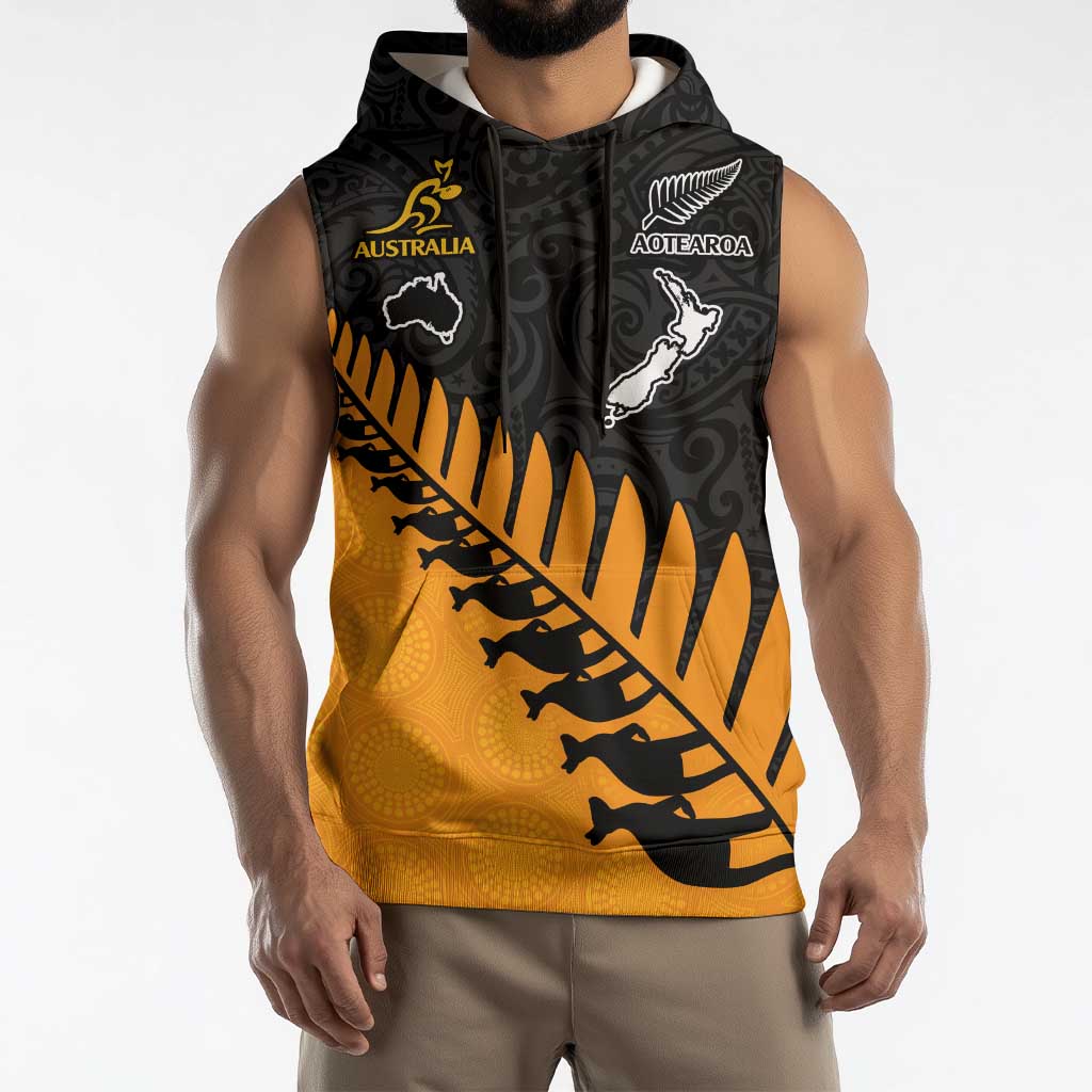 Australia New Zealand Rugby Sleeveless Hoodie Gold Aboriginal Wallabies and Maori Black Fern - Aussie Hoodie