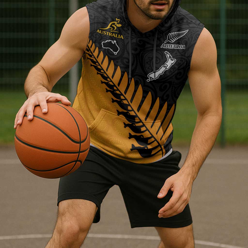 Australia New Zealand Rugby Sleeveless Hoodie Gold Aboriginal Wallabies and Maori Black Fern - Aussie Hoodie