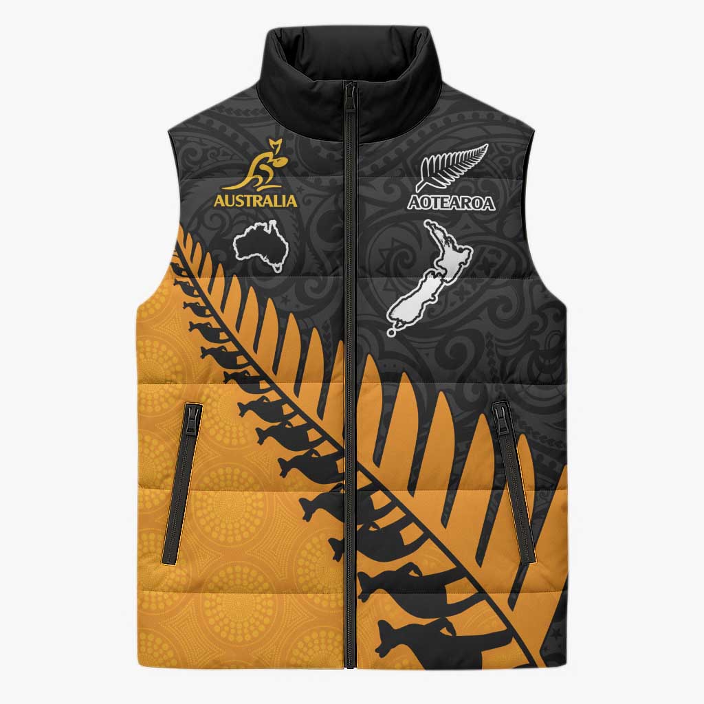Australia New Zealand Rugby Sleeveless Puffer Jacket Gold Aboriginal Wallabies and Maori Black Fern - Aussie Hoodie