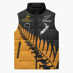Australia New Zealand Rugby Sleeveless Puffer Jacket Gold Aboriginal Wallabies and Maori Black Fern - Aussie Hoodie