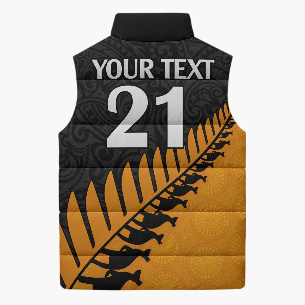 Australia New Zealand Rugby Sleeveless Puffer Jacket Gold Aboriginal Wallabies and Maori Black Fern - Aussie Hoodie