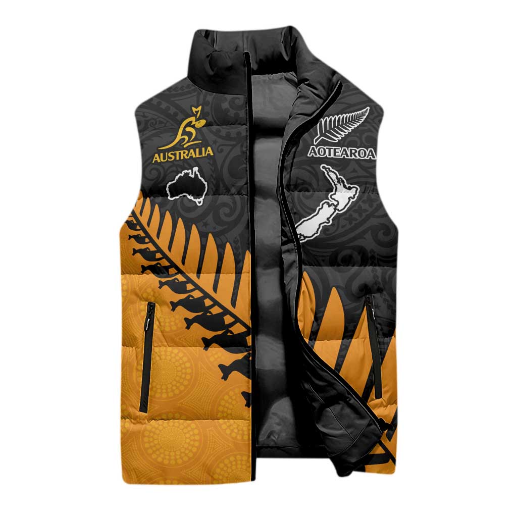Australia New Zealand Rugby Sleeveless Puffer Jacket Gold Aboriginal Wallabies and Maori Black Fern - Aussie Hoodie