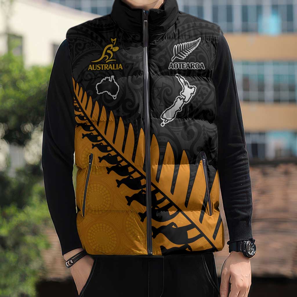 Australia New Zealand Rugby Sleeveless Puffer Jacket Gold Aboriginal Wallabies and Maori Black Fern - Aussie Hoodie
