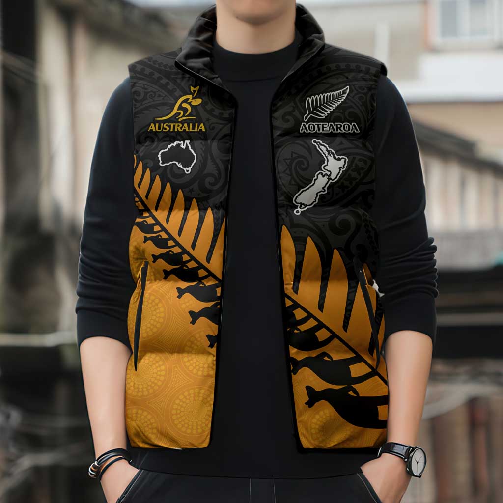 Australia New Zealand Rugby Sleeveless Puffer Jacket Gold Aboriginal Wallabies and Maori Black Fern - Aussie Hoodie