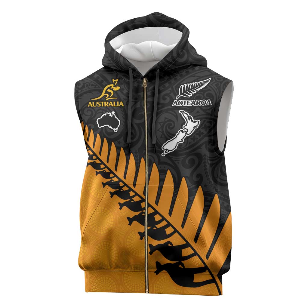 Australia New Zealand Rugby Sleeveless Zip Hoodie Gold Aboriginal Wallabies and Maori Black Fern - Aussie Hoodie
