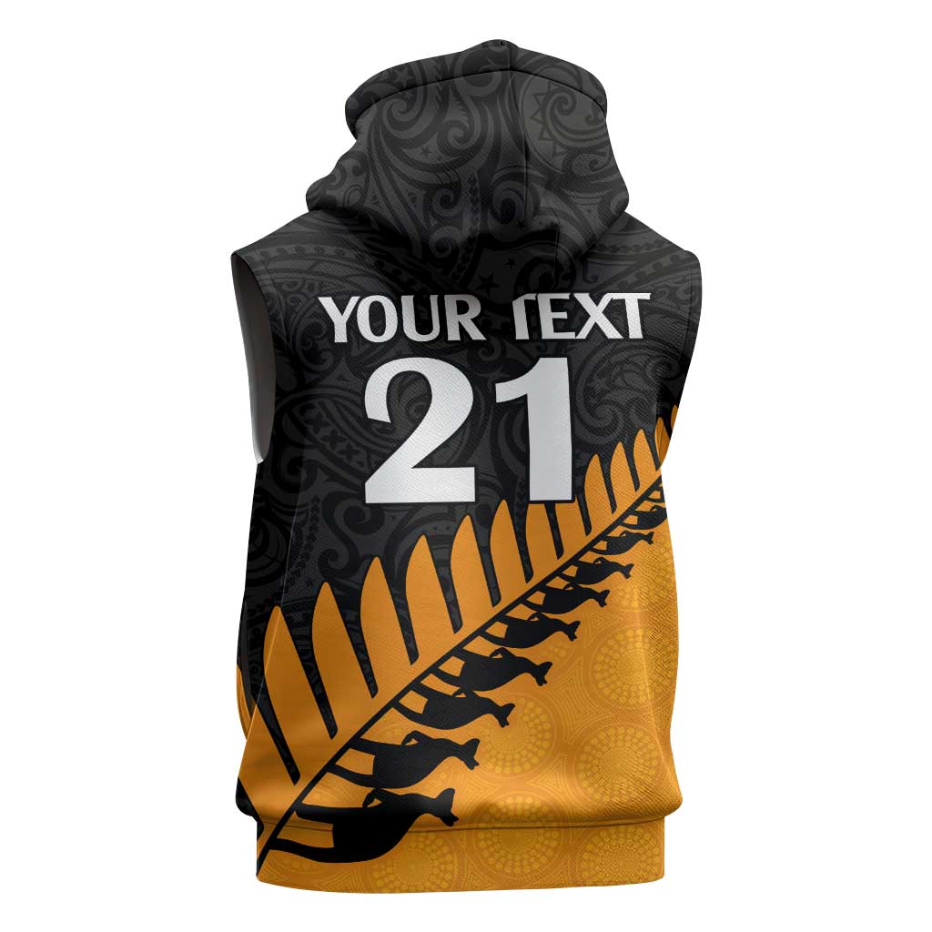 Australia New Zealand Rugby Sleeveless Zip Hoodie Gold Aboriginal Wallabies and Maori Black Fern LT9