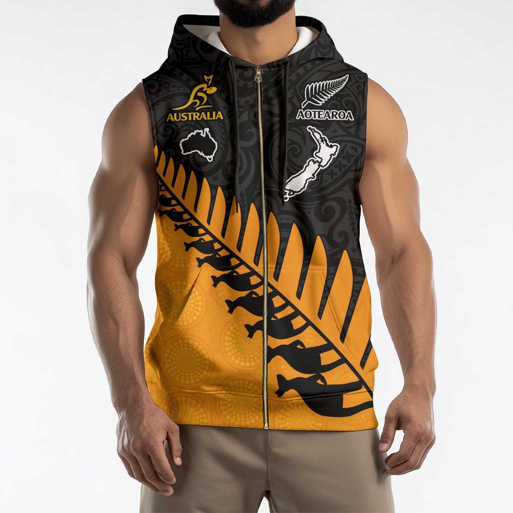 Australia New Zealand Rugby Sleeveless Zip Hoodie Gold Aboriginal Wallabies and Maori Black Fern - Aussie Hoodie