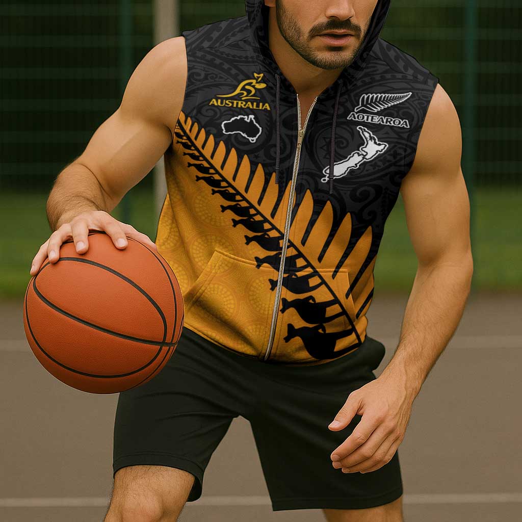 Australia New Zealand Rugby Sleeveless Zip Hoodie Gold Aboriginal Wallabies and Maori Black Fern - Aussie Hoodie