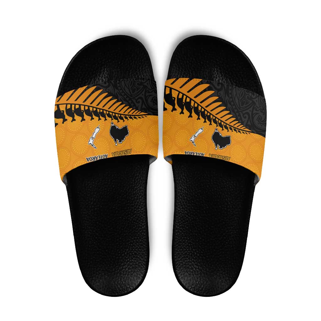 Australia New Zealand Rugby Slide Sandals Gold Aboriginal Wallabies and Maori Black Fern - Aussie Hoodie