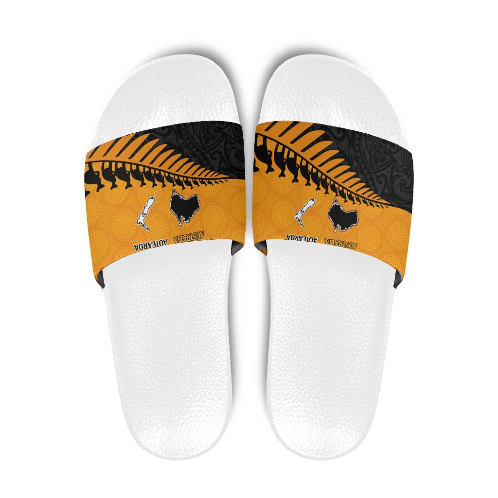 Australia New Zealand Rugby Slide Sandals Gold Aboriginal Wallabies and Maori Black Fern - Aussie Hoodie