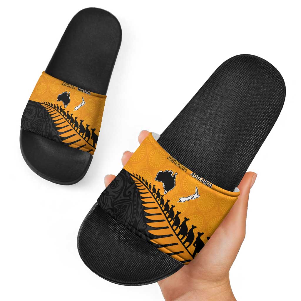 Australia New Zealand Rugby Slide Sandals Gold Aboriginal Wallabies and Maori Black Fern - Aussie Hoodie