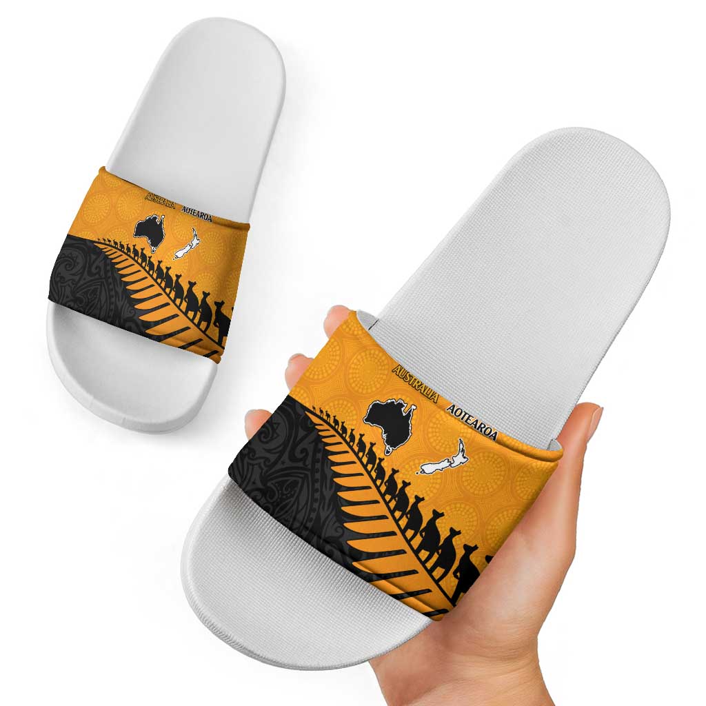 Australia New Zealand Rugby Slide Sandals Gold Aboriginal Wallabies and Maori Black Fern - Aussie Hoodie