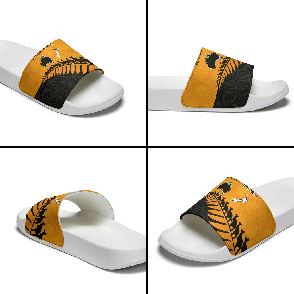 Australia New Zealand Rugby Slide Sandals Gold Aboriginal Wallabies and Maori Black Fern - Aussie Hoodie