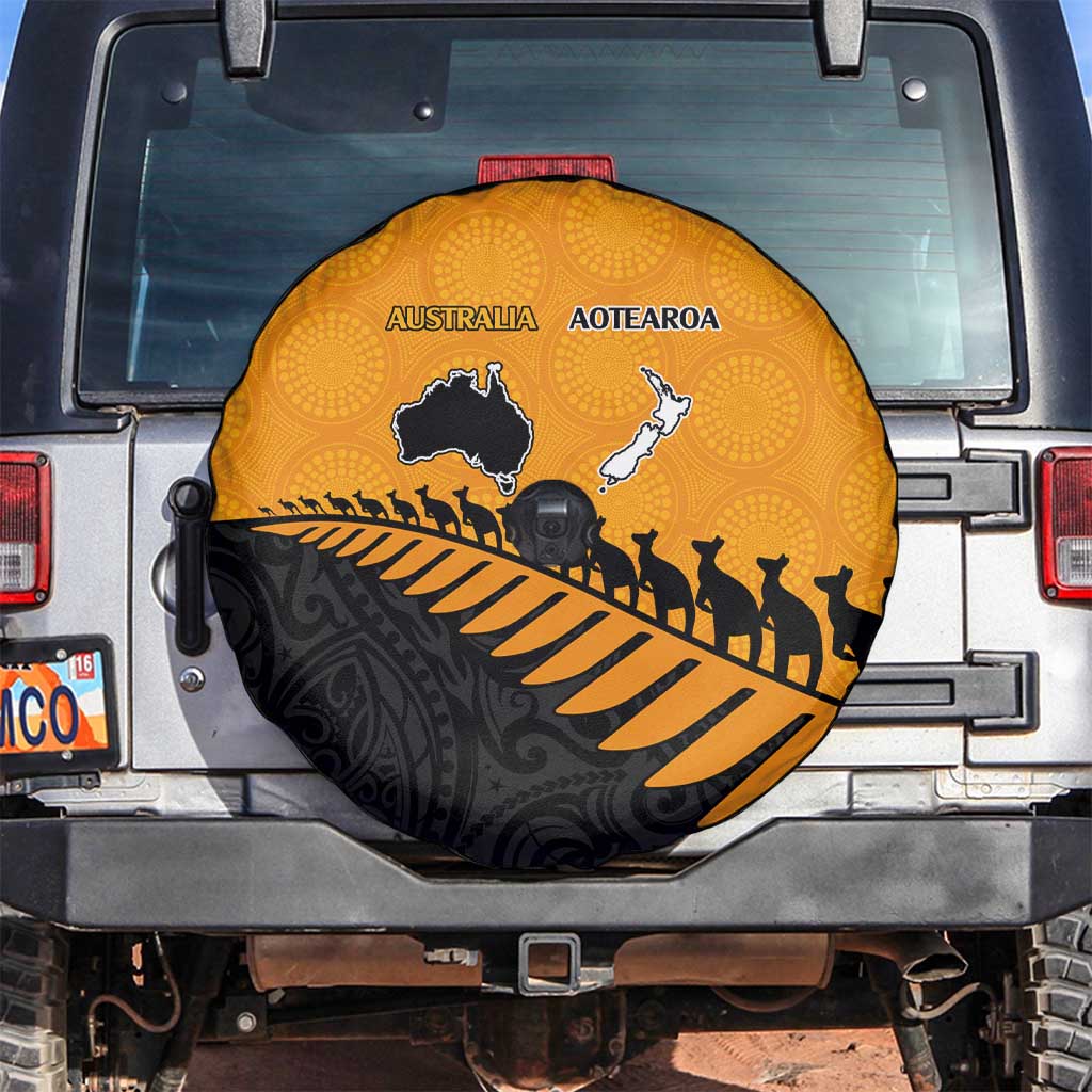 Australia New Zealand Rugby Spare Tire Cover Gold Aboriginal Wallabies and Maori Black Fern - Aussie Hoodie