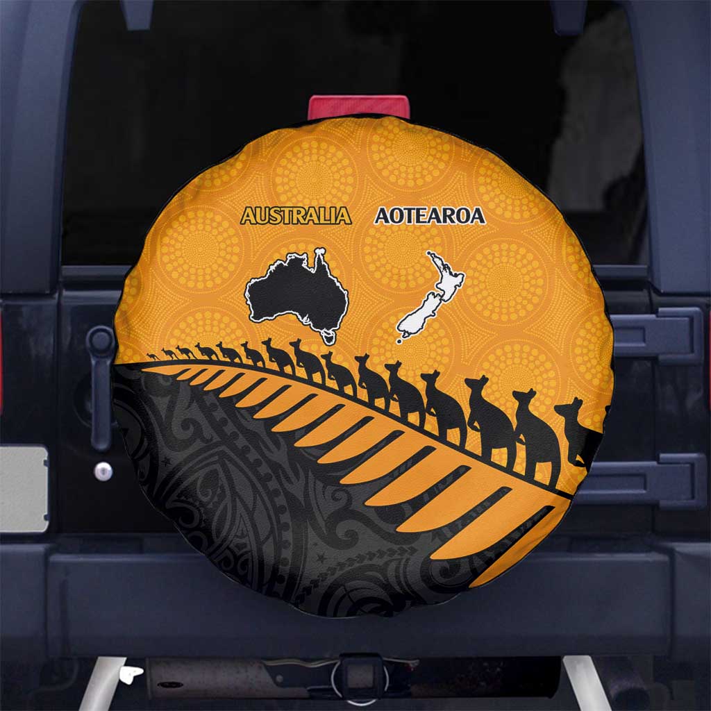 Australia New Zealand Rugby Spare Tire Cover Gold Aboriginal Wallabies and Maori Black Fern - Aussie Hoodie