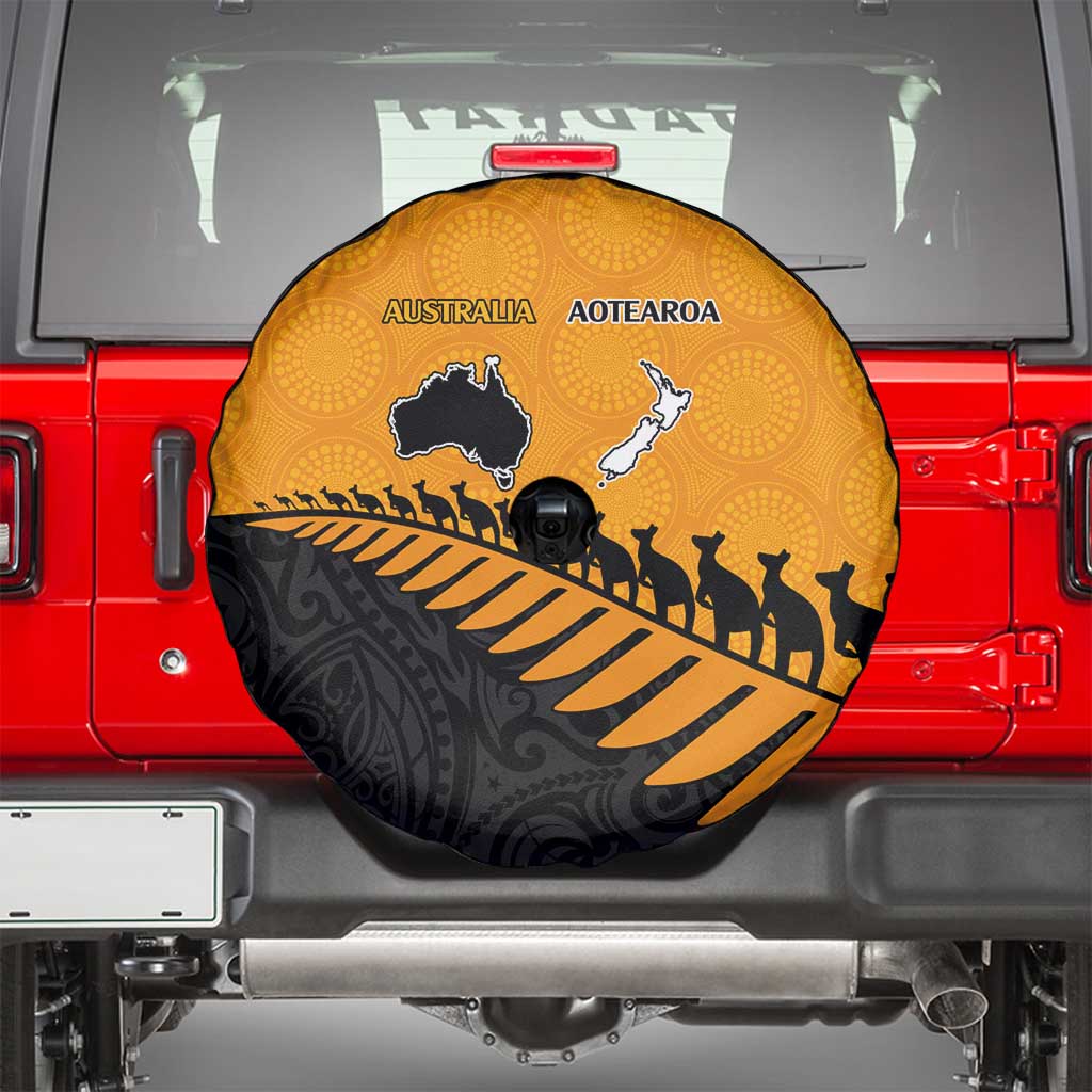 Australia New Zealand Rugby Spare Tire Cover Gold Aboriginal Wallabies and Maori Black Fern - Aussie Hoodie