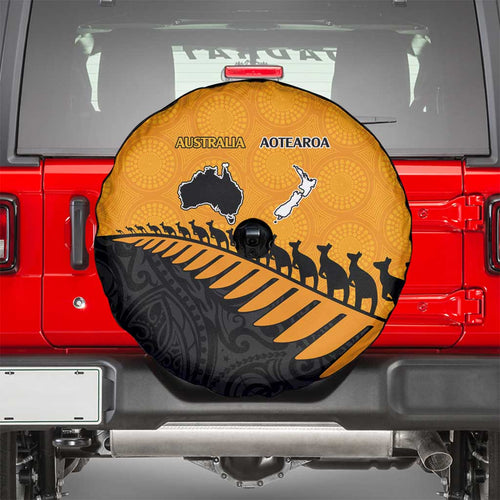 Australia New Zealand Rugby Spare Tire Cover Gold Aboriginal Wallabies and Maori Black Fern - Aussie Hoodie