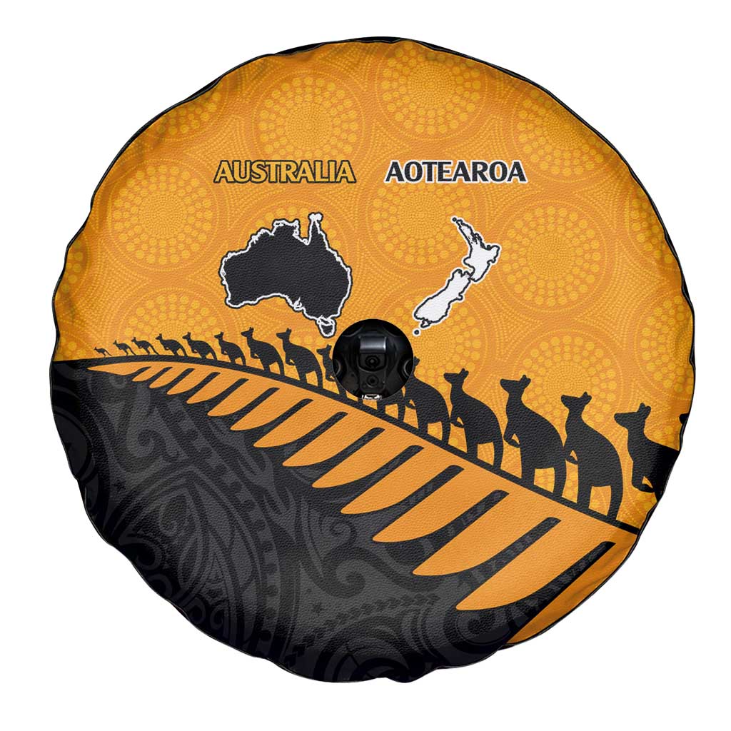 Australia New Zealand Rugby Spare Tire Cover Gold Aboriginal Wallabies and Maori Black Fern - Aussie Hoodie