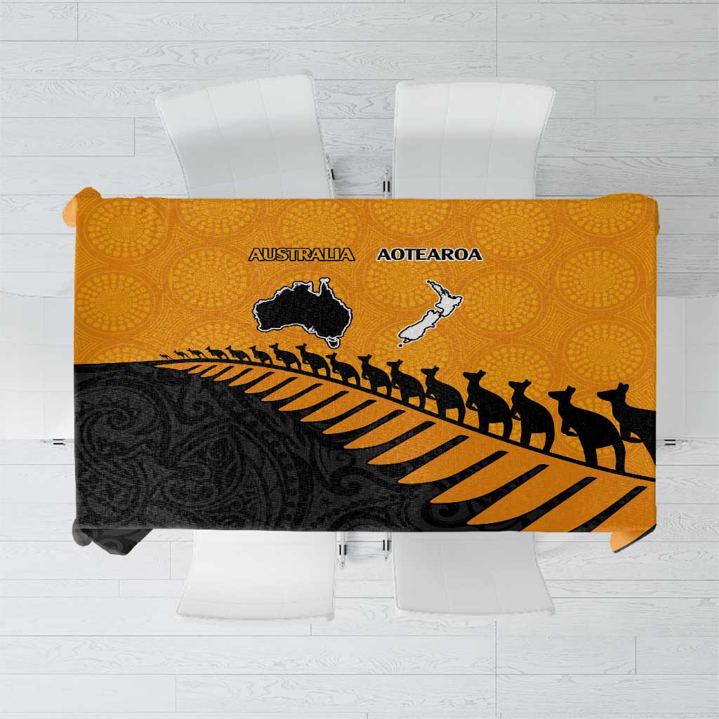 Australia New Zealand Rugby Tablecloth Gold Aboriginal Wallabies and Maori Black Fern - Aussie Hoodie