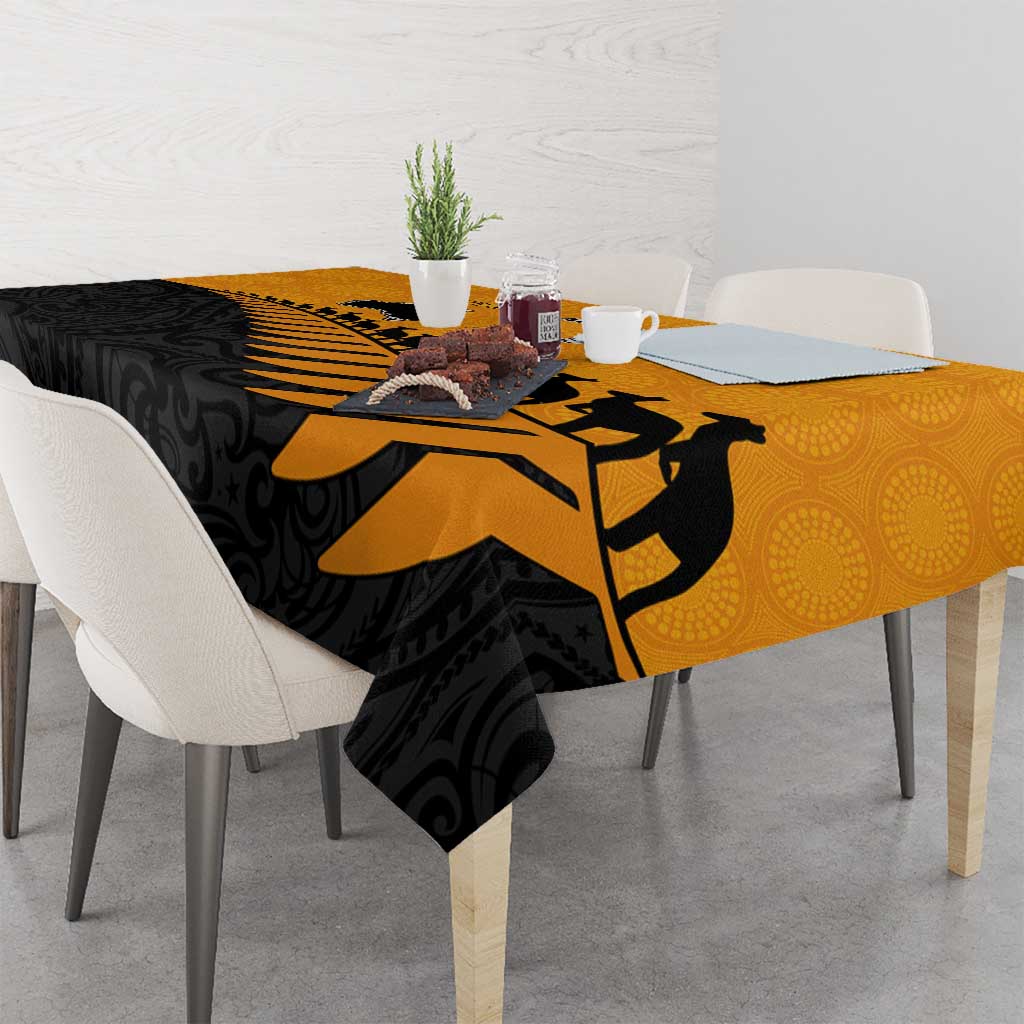 Australia New Zealand Rugby Tablecloth Gold Aboriginal Wallabies and Maori Black Fern - Aussie Hoodie