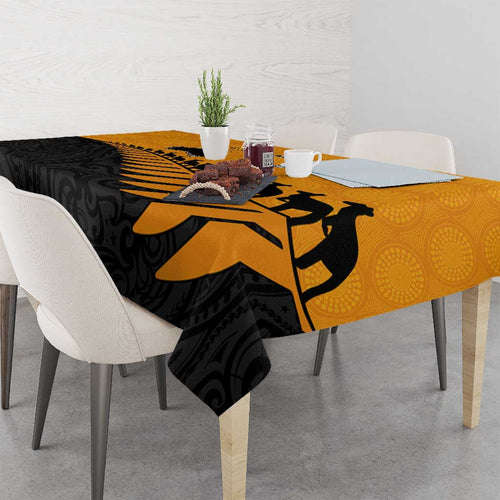 Australia New Zealand Rugby Tablecloth Gold Aboriginal Wallabies and Maori Black Fern - Aussie Hoodie