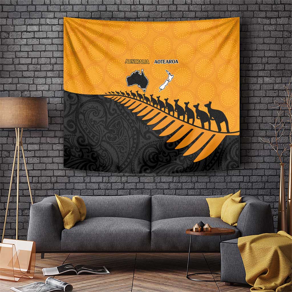 Australia New Zealand Rugby Tapestry Gold Aboriginal Wallabies and Maori Black Fern - Aussie Hoodie