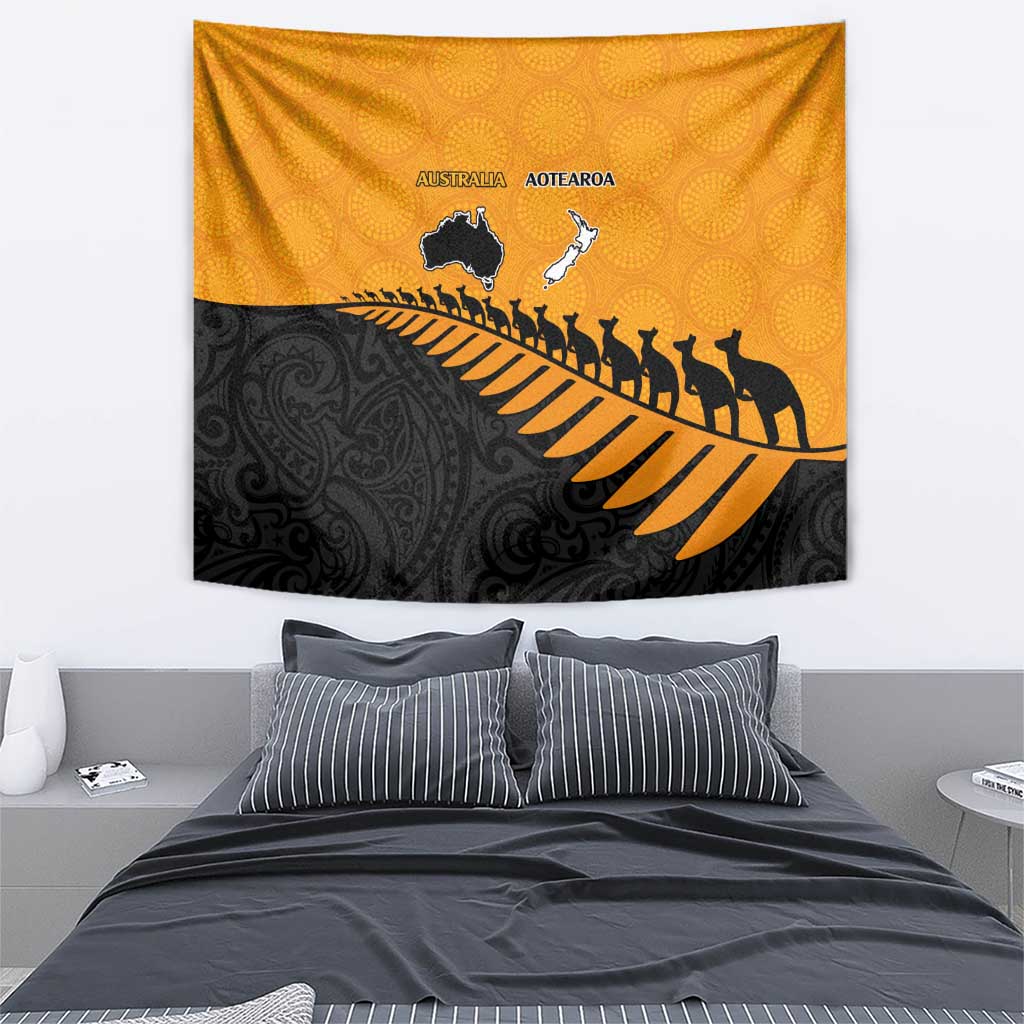 Australia New Zealand Rugby Tapestry Gold Aboriginal Wallabies and Maori Black Fern - Aussie Hoodie