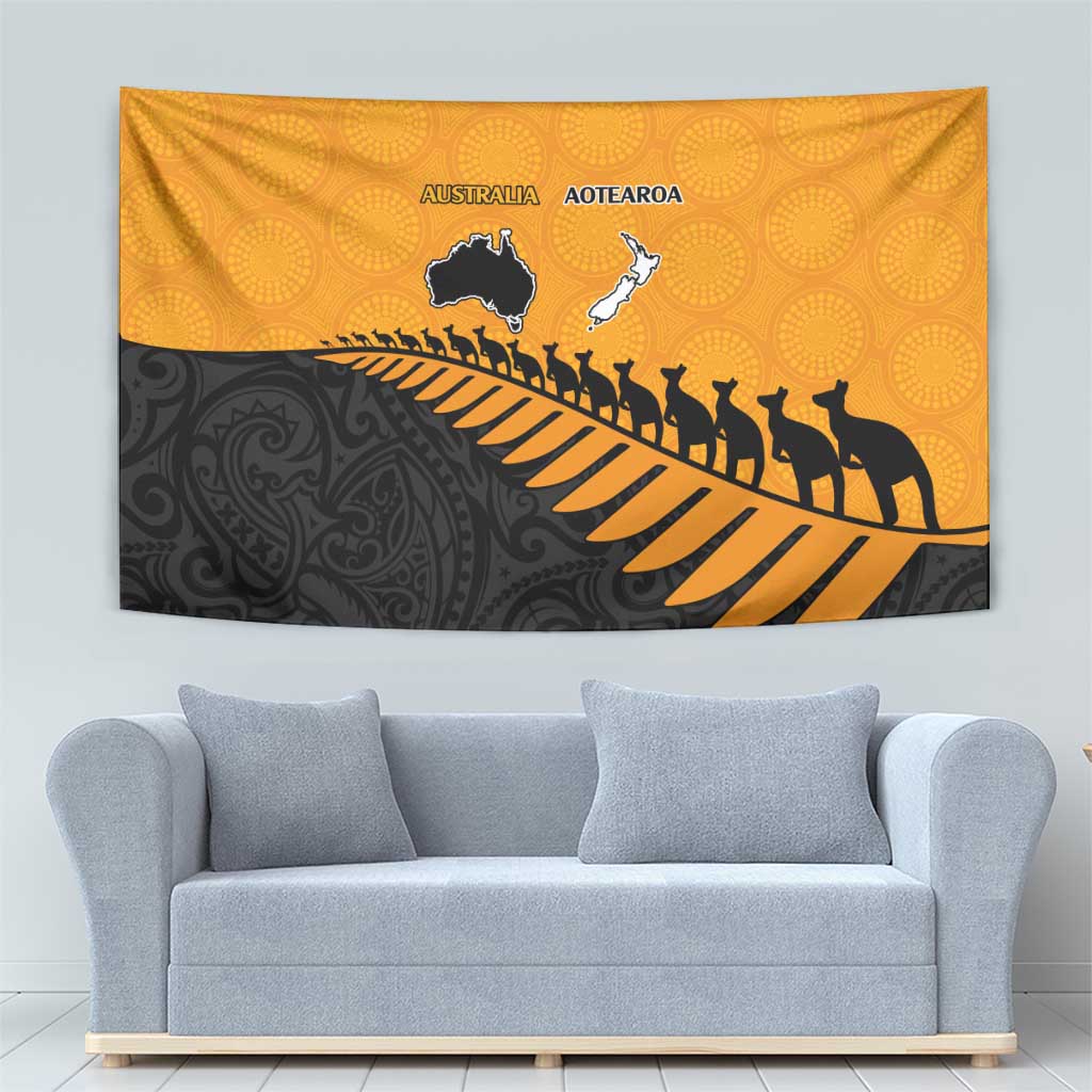 Australia New Zealand Rugby Tapestry Gold Aboriginal Wallabies and Maori Black Fern - Aussie Hoodie