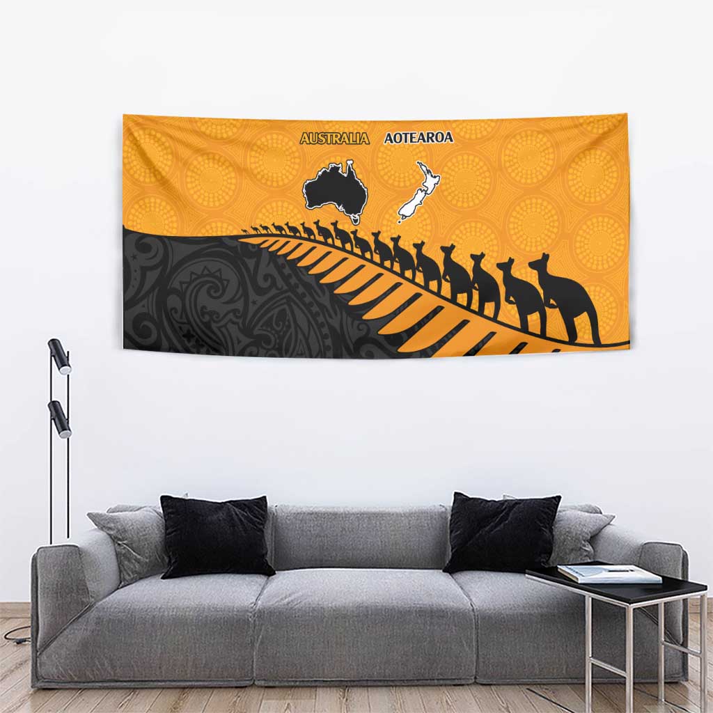 Australia New Zealand Rugby Tapestry Gold Aboriginal Wallabies and Maori Black Fern - Aussie Hoodie